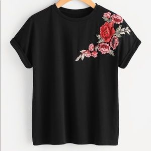 Shein black tee with rose embroidery NEVER WORN
